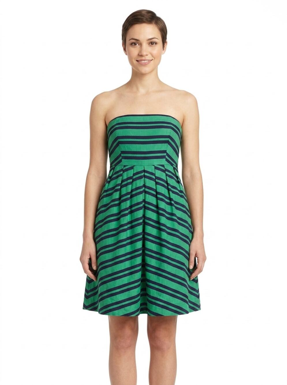 Moulinette Soeurs Green Navy Striped Strapless Pleated Dress Women Size 2